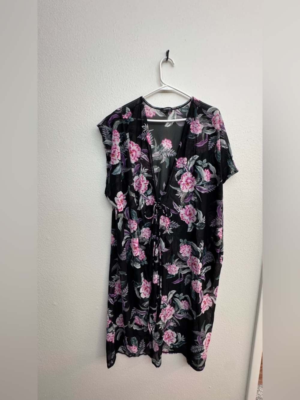 torrid Black Floral Swim Coverup with Pink and Lavender Blooms - Size 3/4